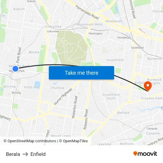 Berala to Enfield map