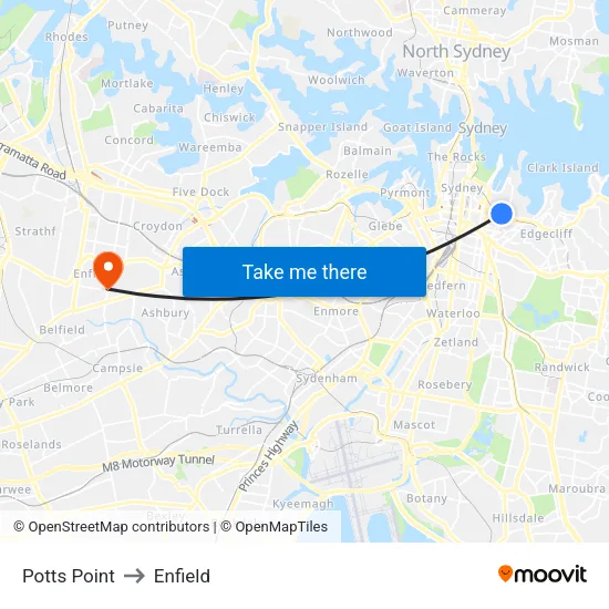 Potts Point to Enfield map