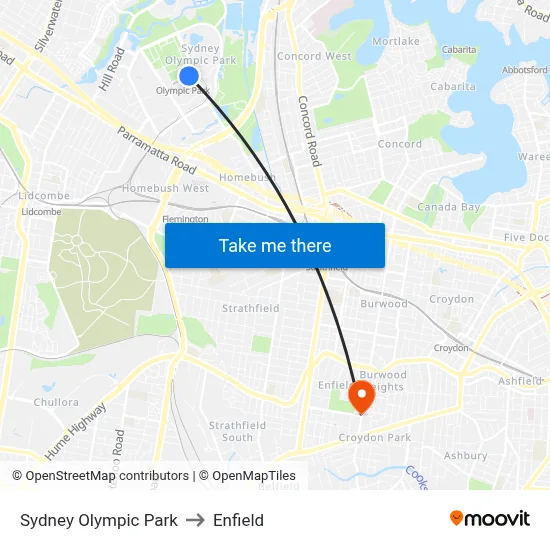 Sydney Olympic Park to Enfield map
