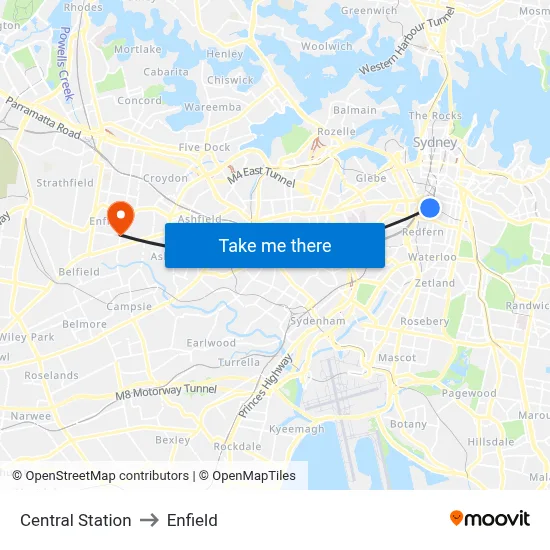 Central Station to Enfield map