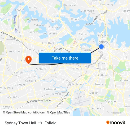 Sydney Town Hall to Enfield map