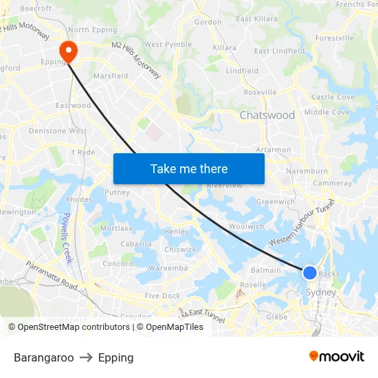 Barangaroo to Epping map