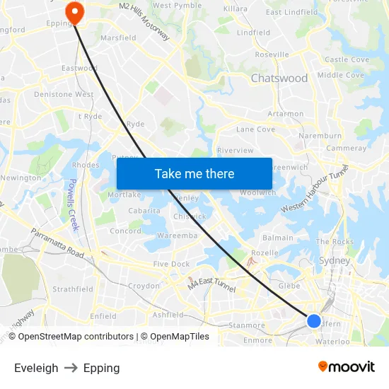 Eveleigh to Epping map