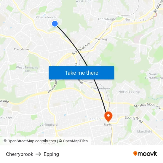 Cherrybrook to Epping map