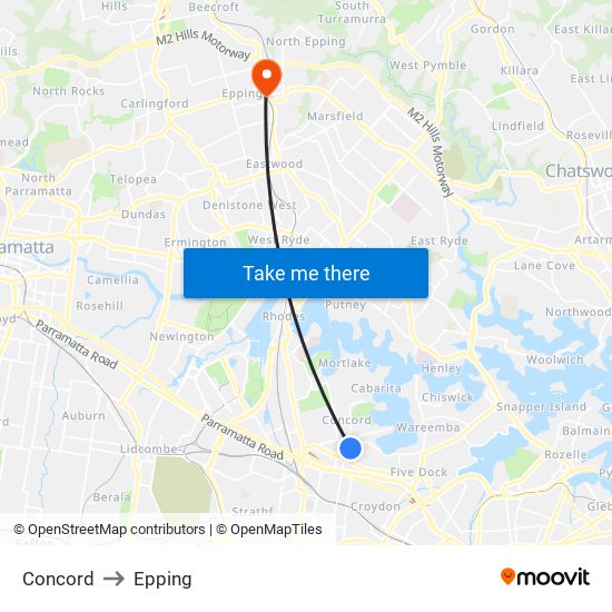 Concord to Epping map