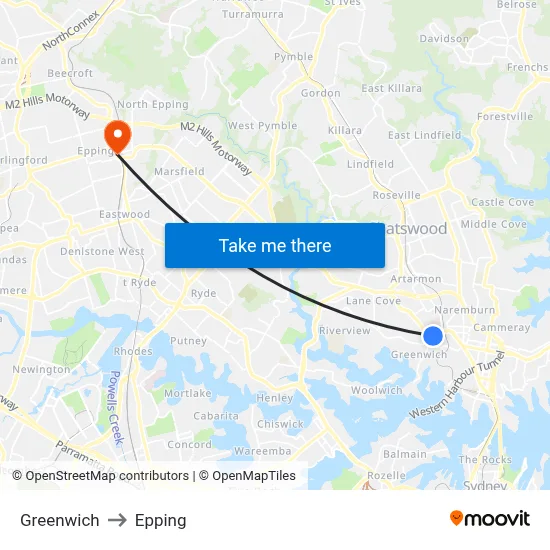 Greenwich to Epping map