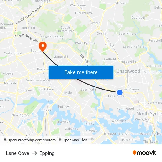 Lane Cove to Epping map