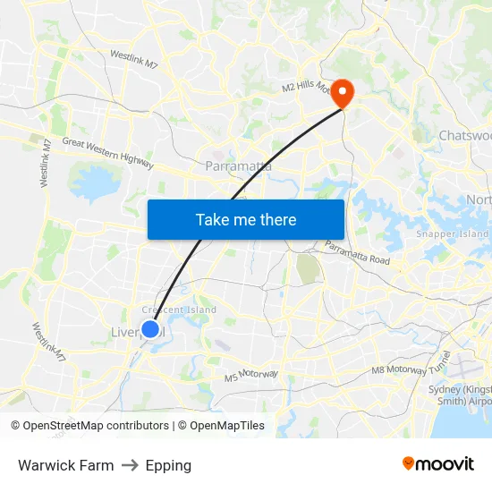 Warwick Farm to Epping map