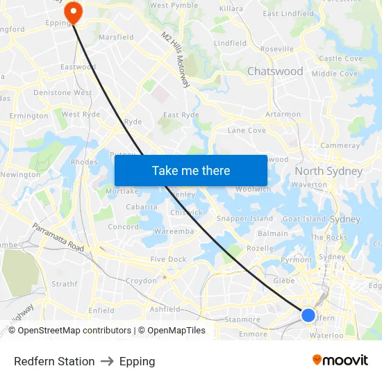 Redfern Station to Epping map