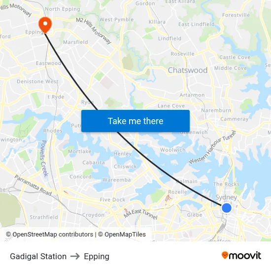 Gadigal Station to Epping map