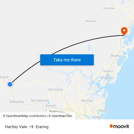 Hartley Vale to Eraring map