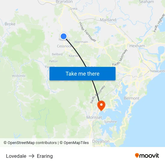 Lovedale to Eraring map