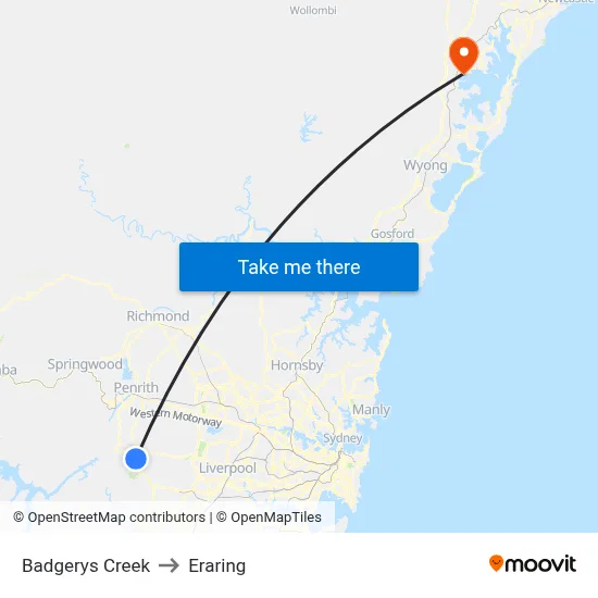 Badgerys Creek to Eraring map