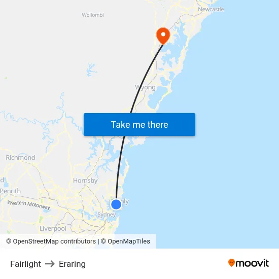 Fairlight to Eraring map