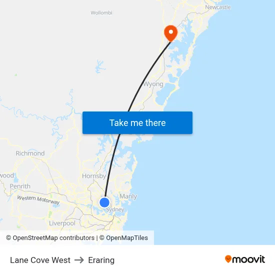 Lane Cove West to Eraring map