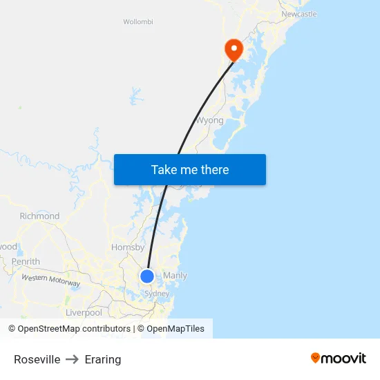 Roseville to Eraring map