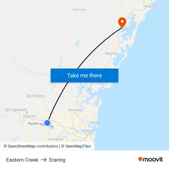 Eastern Creek to Eraring map
