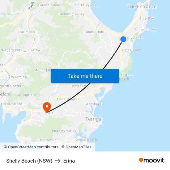 Shelly Beach (NSW) to Erina map