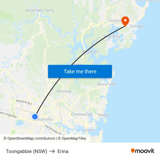 Toongabbie (NSW) to Erina map