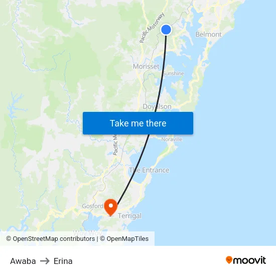 Awaba to Erina map
