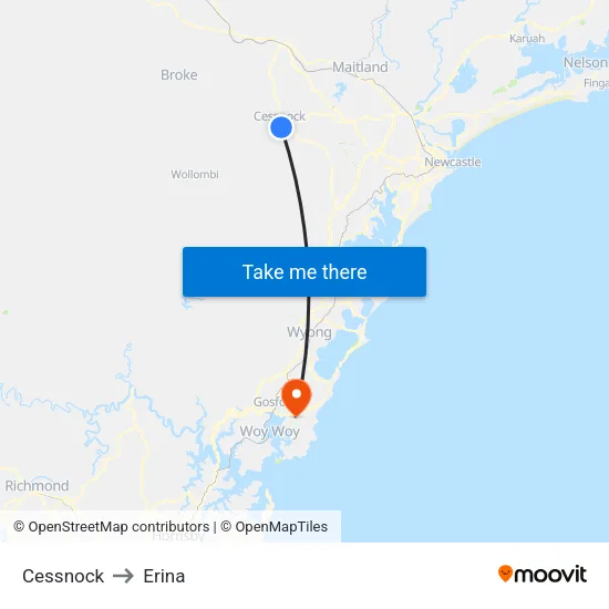 Cessnock to Erina map