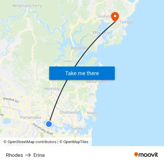 Rhodes to Erina map