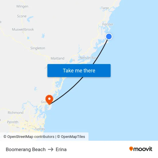 Boomerang Beach to Erina map