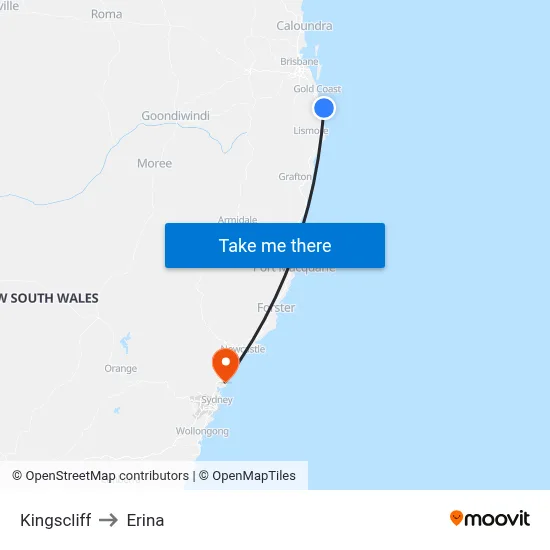 Kingscliff to Erina map