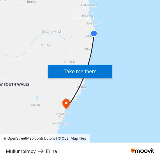 Mullumbimby to Erina map