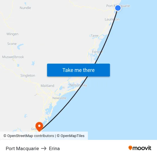 Port Macquarie to Erina map