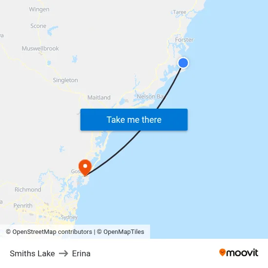 Smiths Lake to Erina map