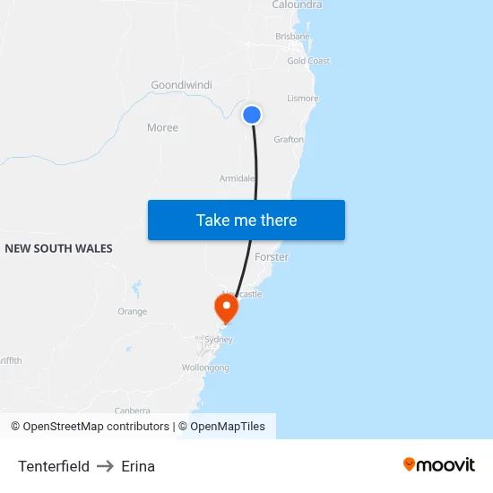 Tenterfield to Erina map