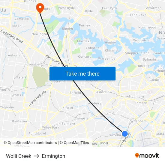 Wolli Creek to Ermington map