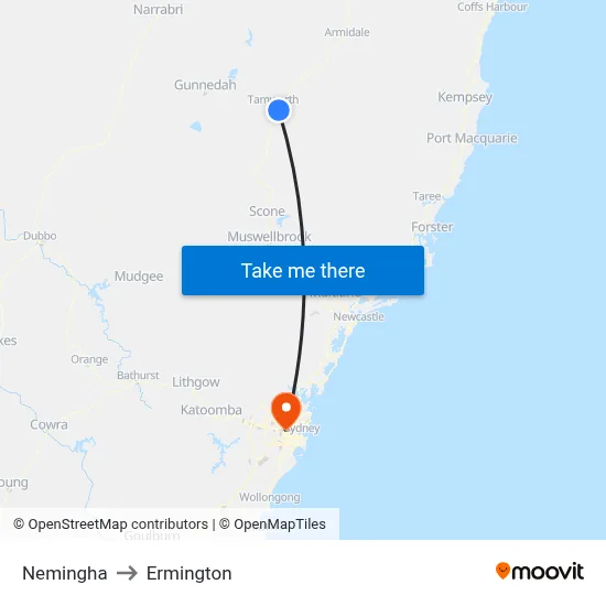 Nemingha to Ermington map