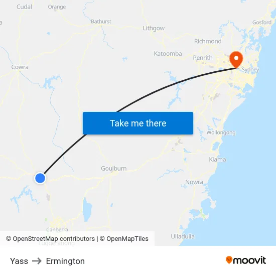 Yass to Ermington map