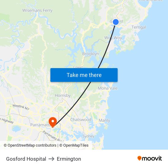 Gosford Hospital to Ermington map