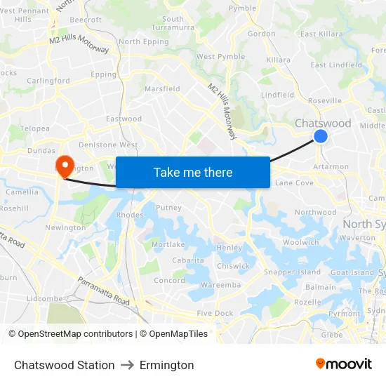 Chatswood Station to Ermington map