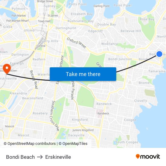 Bondi Beach to Erskineville map