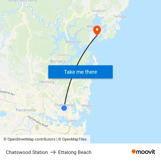 Chatswood Station to Ettalong Beach map