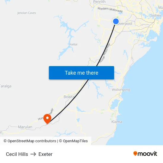 Cecil Hills to Exeter map