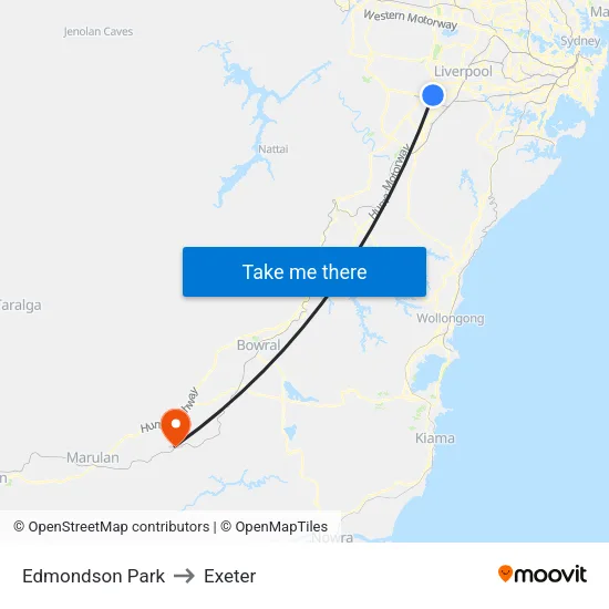 Edmondson Park to Exeter map