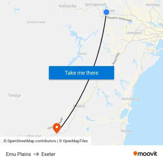 Emu Plains to Exeter map