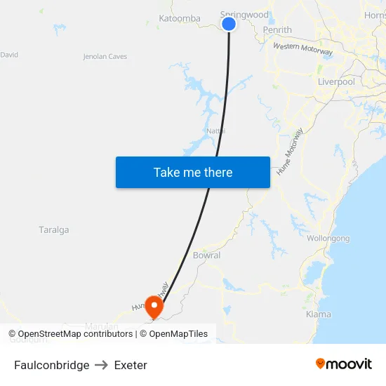 Faulconbridge to Exeter map