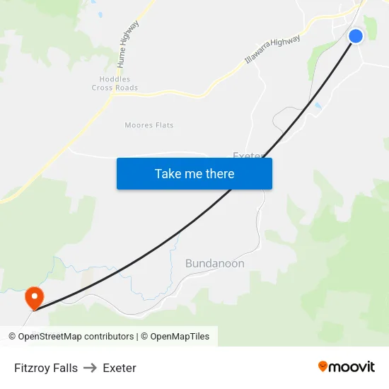 Fitzroy Falls to Exeter map