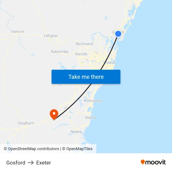 Gosford to Exeter map