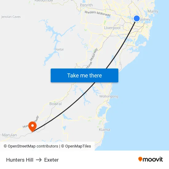Hunters Hill to Exeter map