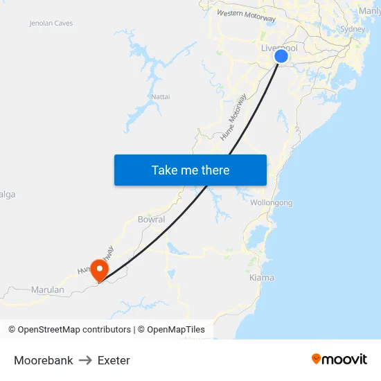 Moorebank to Exeter map