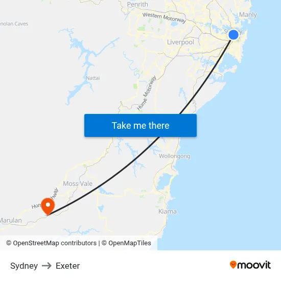 Sydney to Exeter map