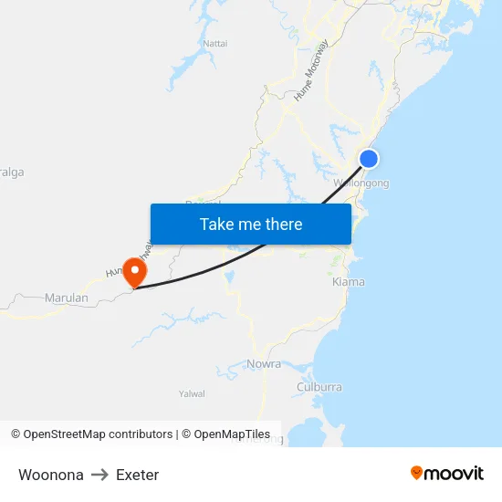 Woonona to Exeter map