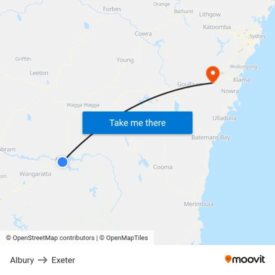 Albury to Exeter map